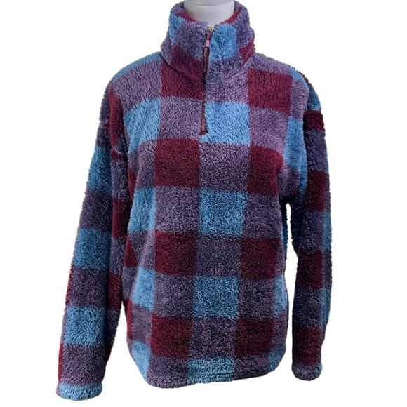 Eddie Bauer Plush Fleece 1/4 Zip Mock Neck Check Pullover Blue Maroon Size Med - Picture 1 of 10